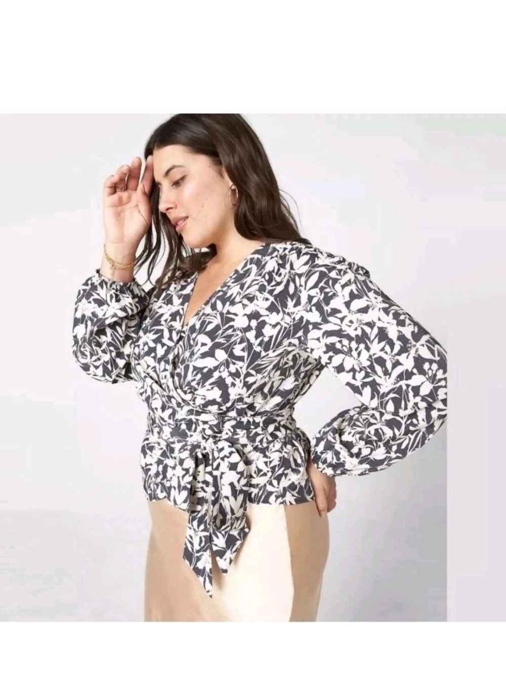 Lane Bryant Black & Cream Floral Full Wrap Top Blouse